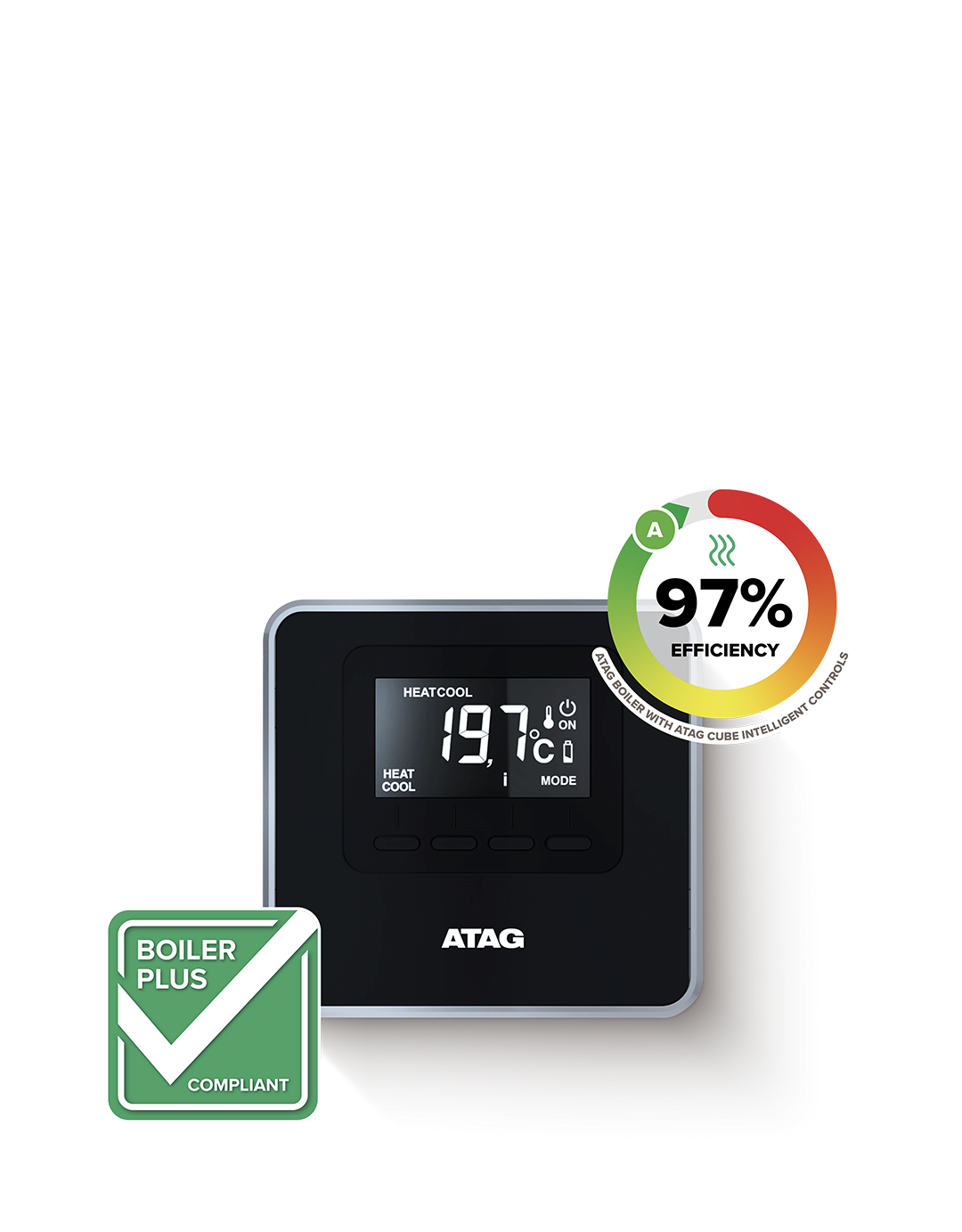 Image of an ATAG Cube with a '97% efficiency' and 'Boiler Plus Complient' icon