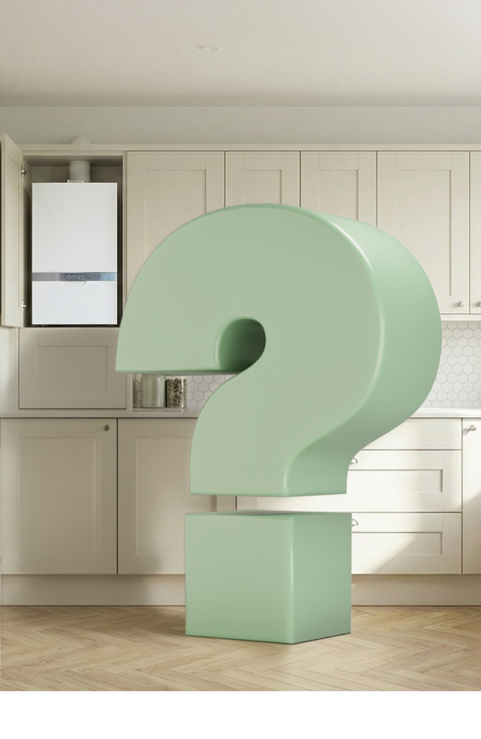 Image of a giant question mark in a kitchen