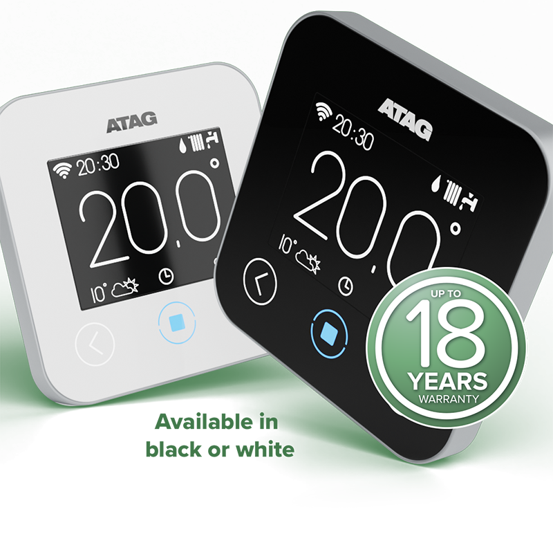 Image of an ATAG ONE Zone with a 'Up to 18 years warranty' icon. Available in black or white.